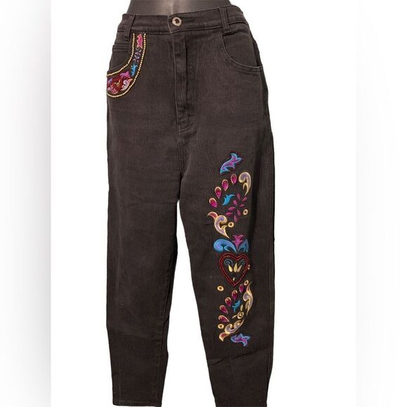 VINTAGE Stefano Jeans Women’s High Rise Relaxed Black Embroidered Zip - Picture 1 of 5